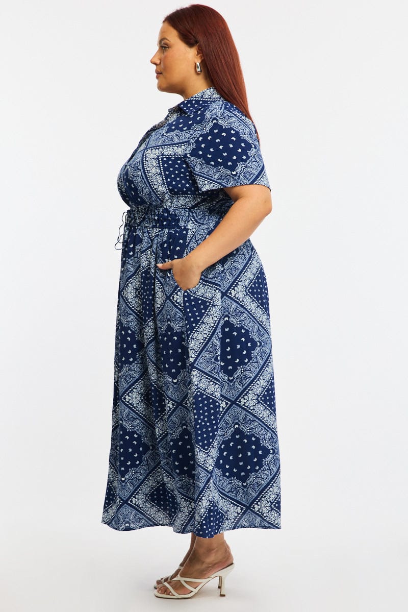Blue Paisley Shirt Midi Dress Short Sleeve - Image 4