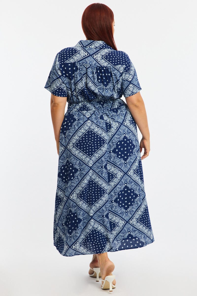Blue Paisley Shirt Midi Dress Short Sleeve - Image 5