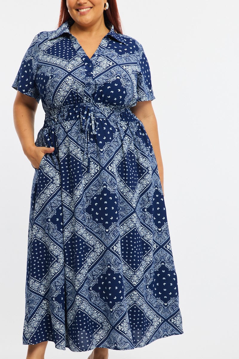 Blue Paisley Shirt Midi Dress Short Sleeve - Image 6
