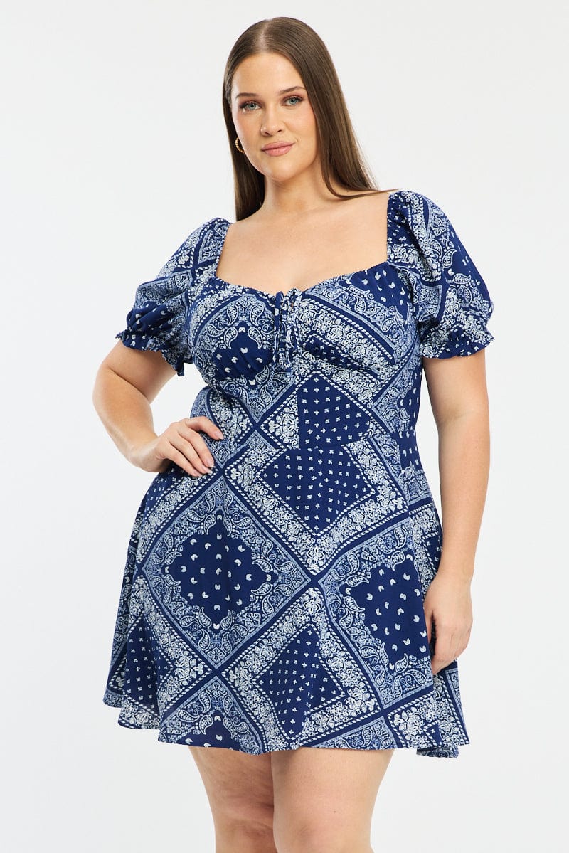 Blue Paisley Skater Dress Short Sleeve Ruched Bust