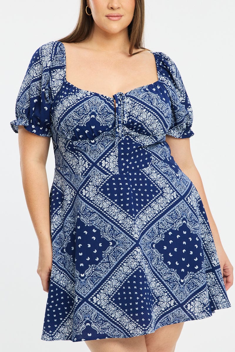 Blue Paisley Skater Dress Short Sleeve Ruched Bust - Image 5