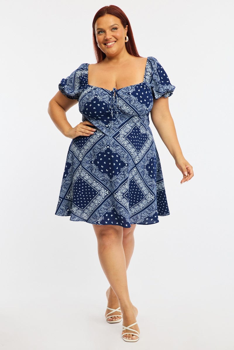 Blue Paisley Skater Dress Short Sleeve Ruched Bust - Image 3