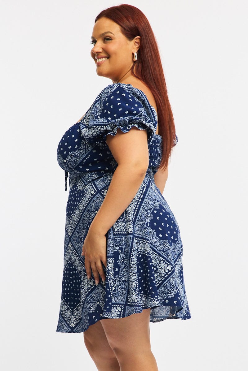 Blue Paisley Skater Dress Short Sleeve Ruched Bust - Image 4