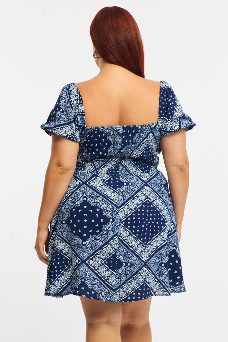 Blue Paisley Skater Dress Short Sleeve Ruched Bust - Image 5