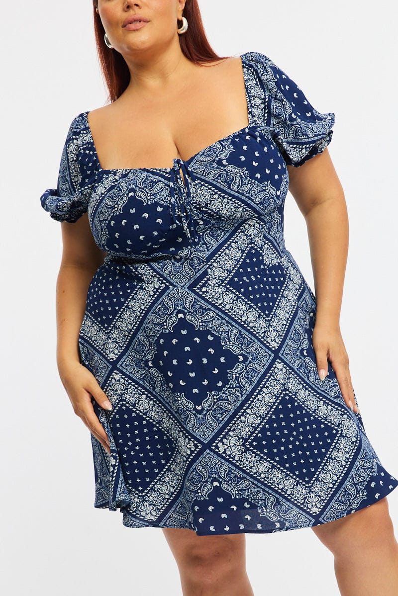 Blue Paisley Skater Dress Short Sleeve Ruched Bust - Image 6