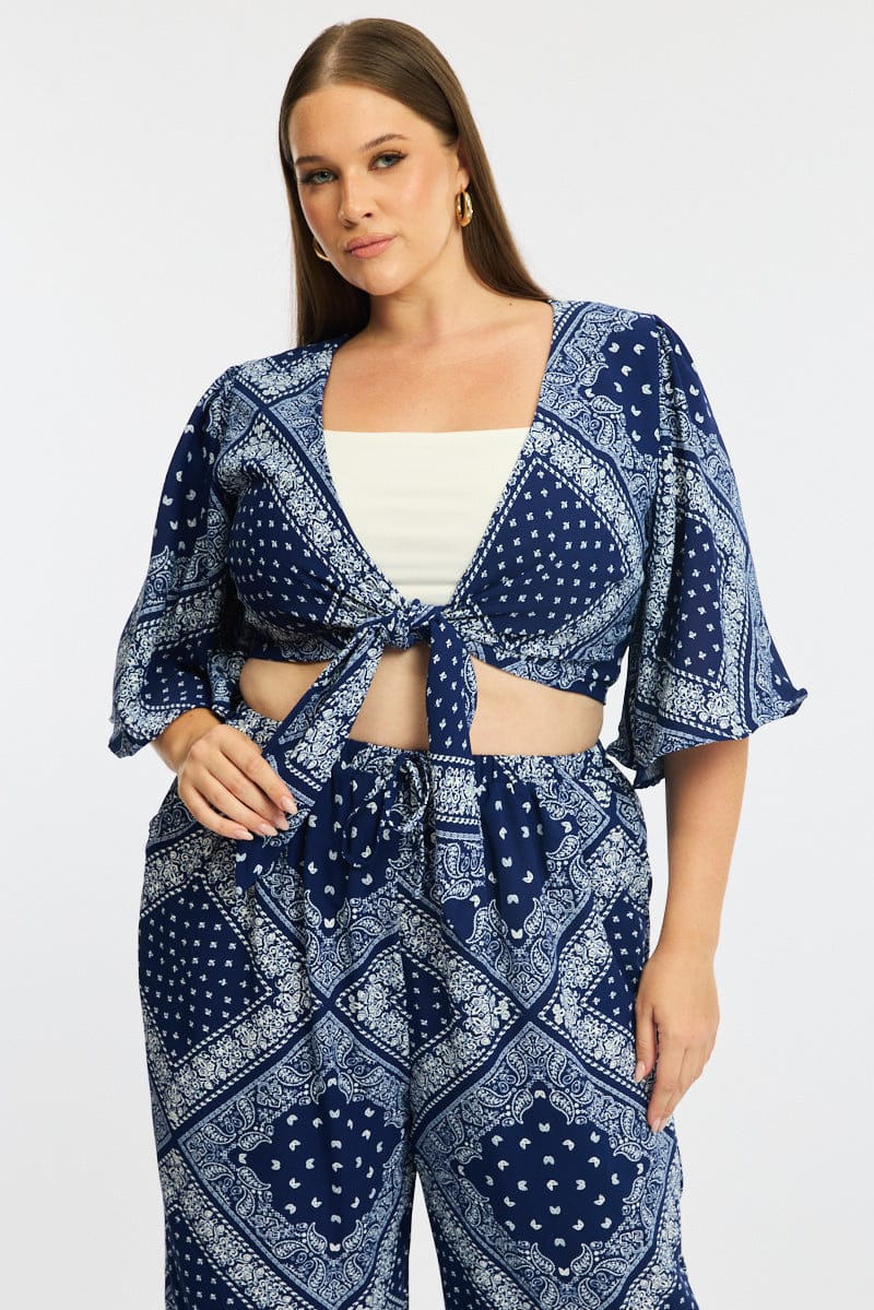 Blue Paisley Tie Up Bolero Short Sleeve