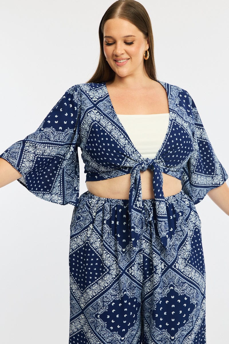 Blue Paisley Tie Up Bolero Short Sleeve - Image 3