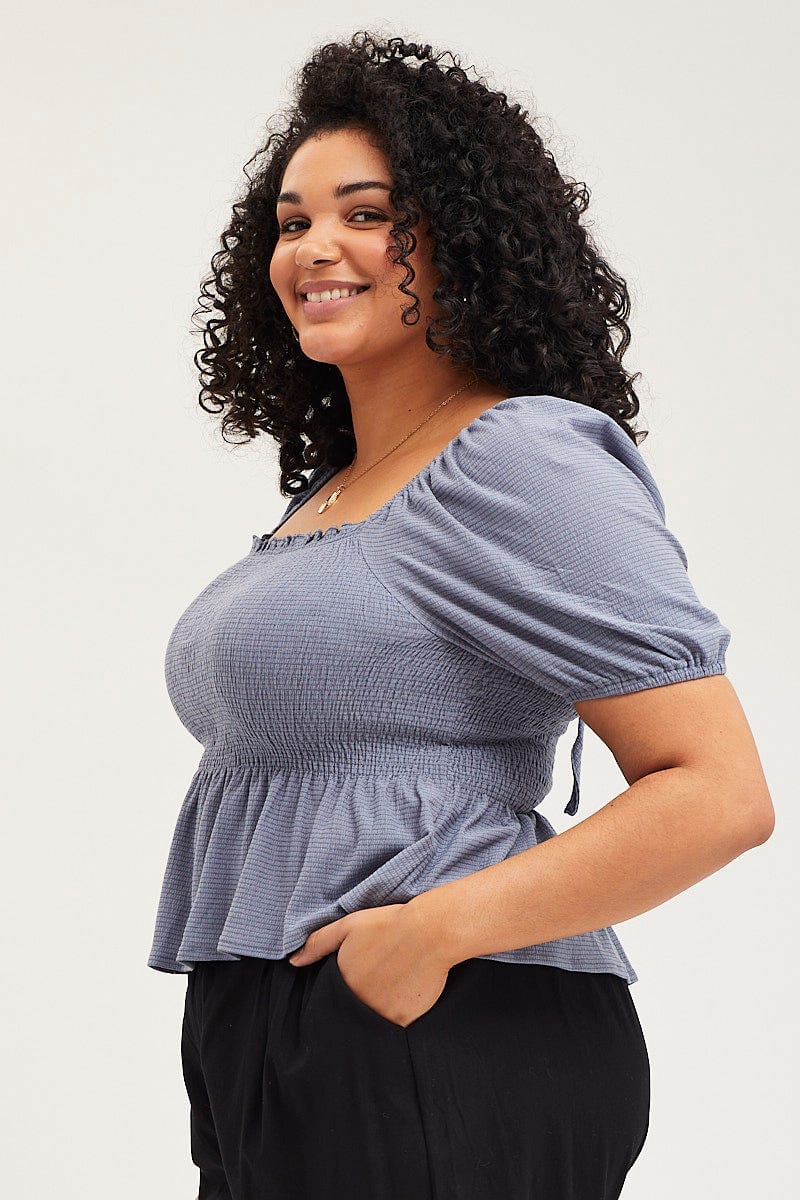 Blue Peplum Top Off The Shoulder Puff Sleeve Shirred - Image 4
