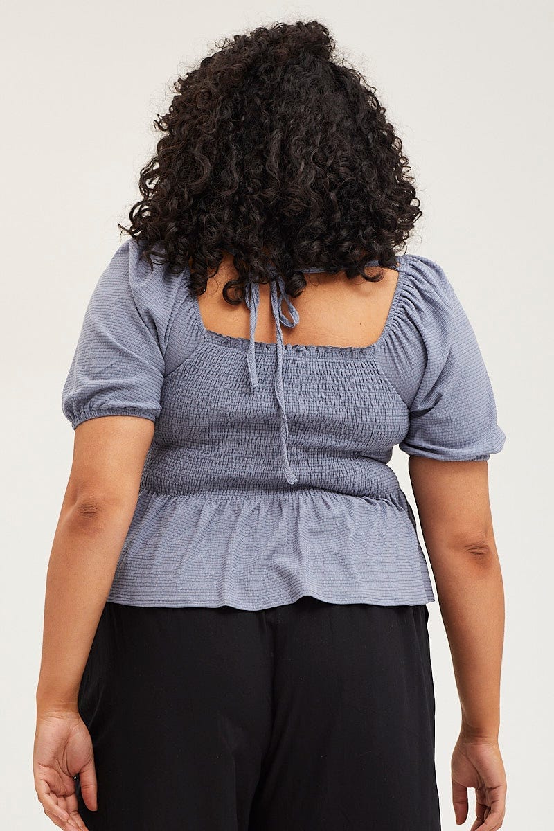 Blue Peplum Top Off The Shoulder Puff Sleeve Shirred - Image 5