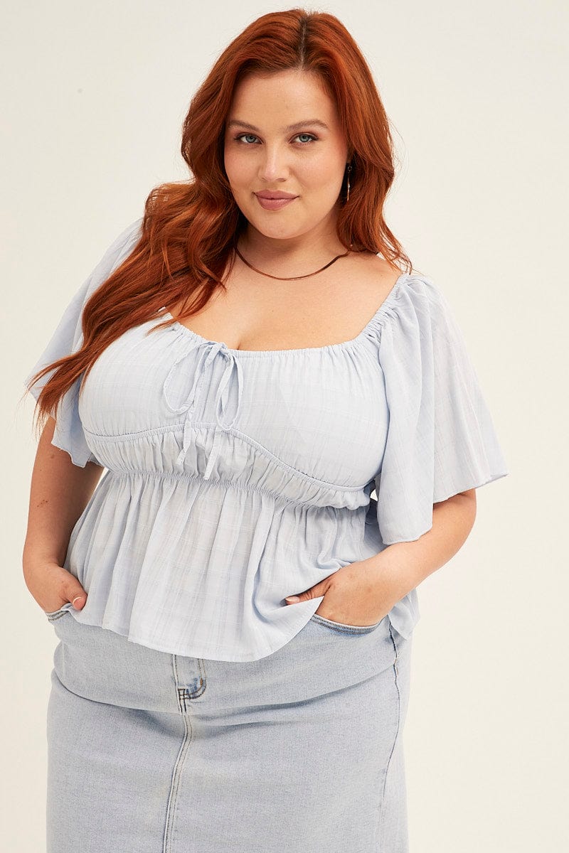 Blue Peplum Top Short Sleeve Gathered Bust - Image 3