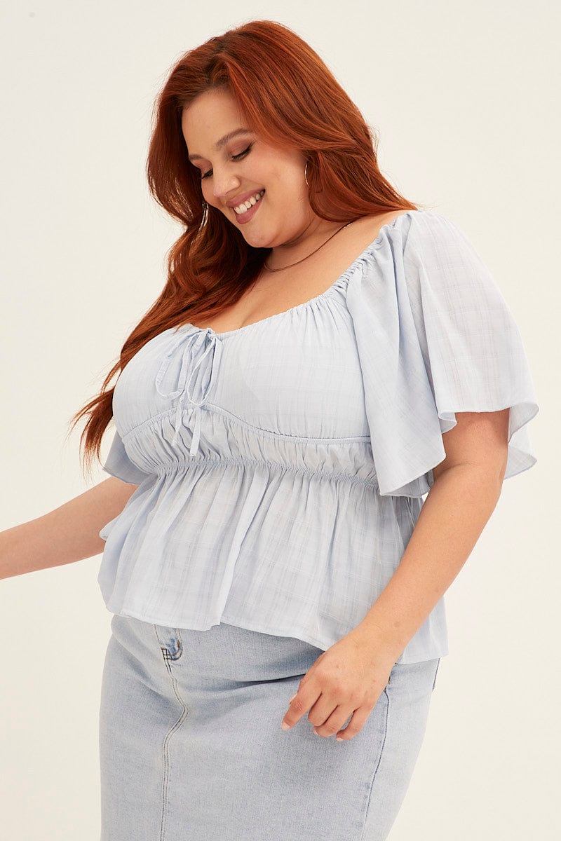 Blue Peplum Top Short Sleeve Gathered Bust - Image 4