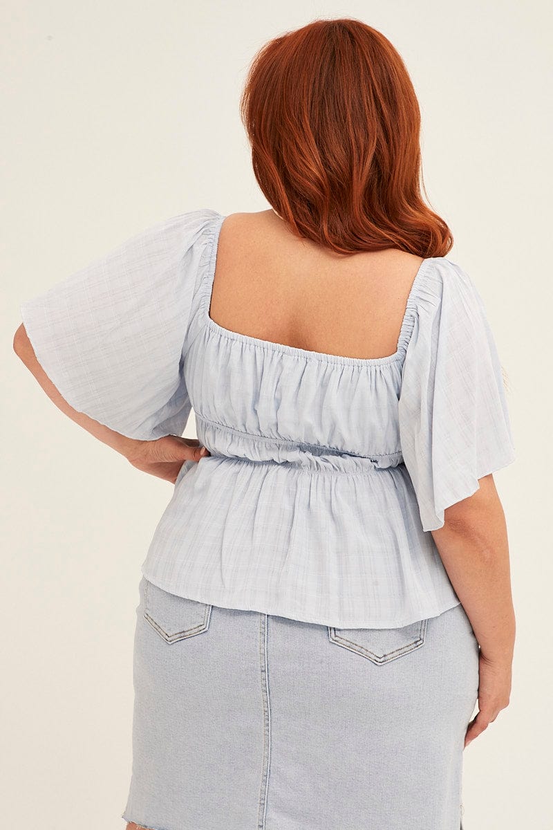 Blue Peplum Top Short Sleeve Gathered Bust - Image 5