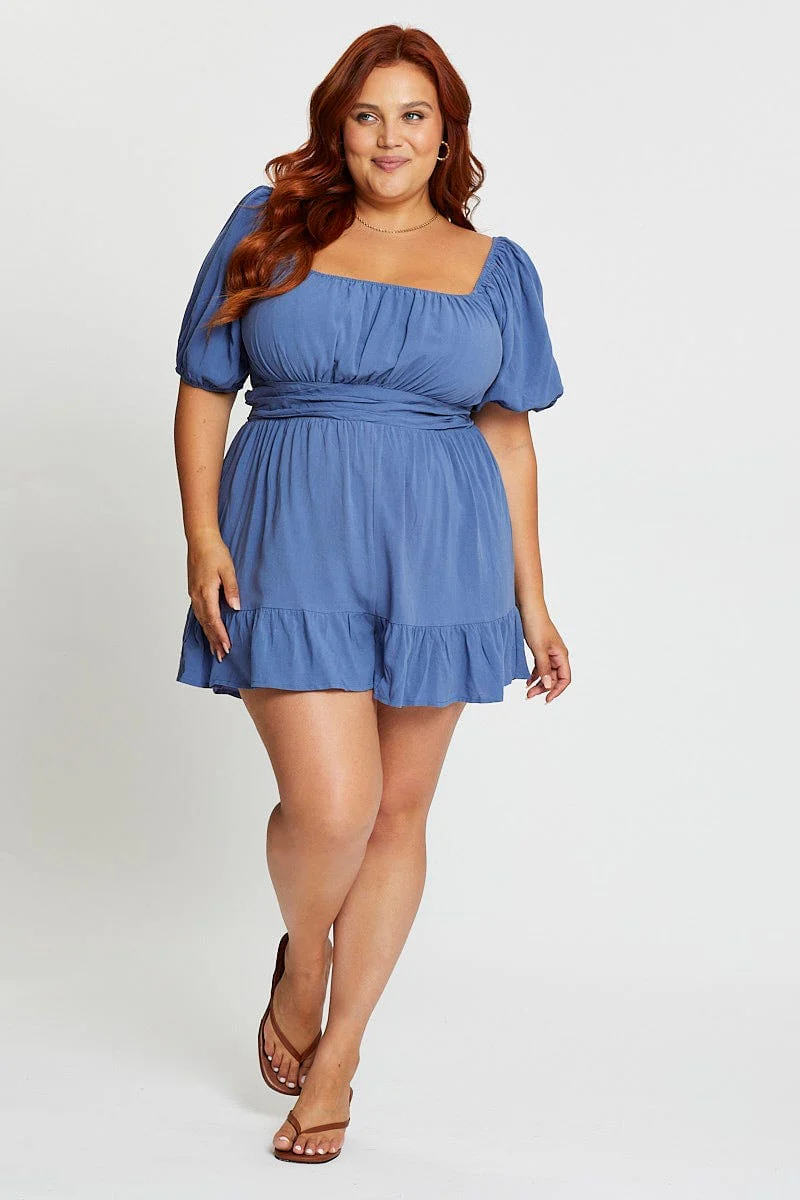 Blue Playsuit Puff Sleeve Square Neck Ruffle Hem - Image 2