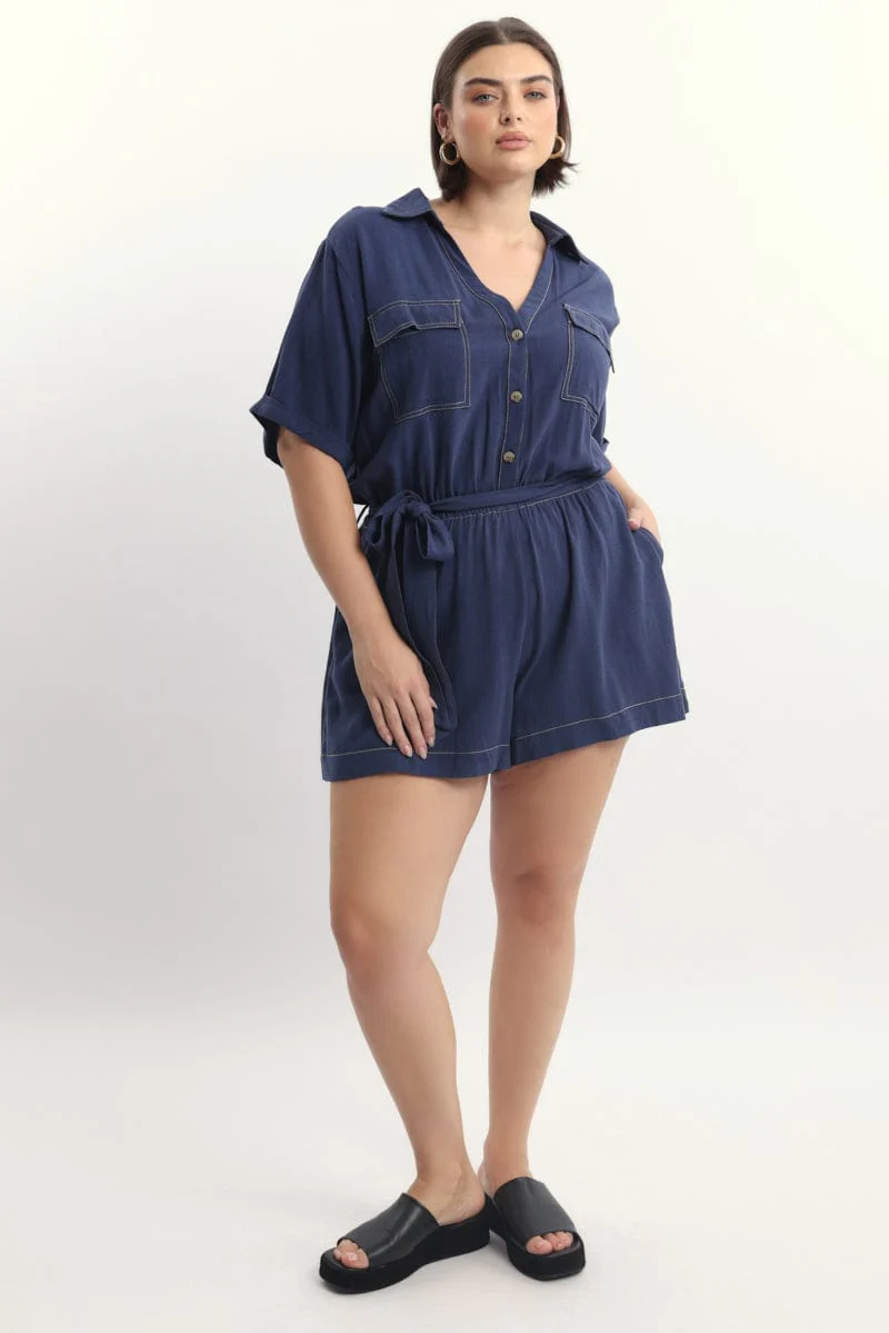 Blue Playsuit Short Sleeve Waist Tie Linen Blend - Image 2
