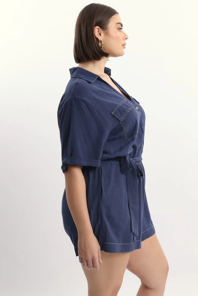 Blue Playsuit Short Sleeve Waist Tie Linen Blend - Image 3