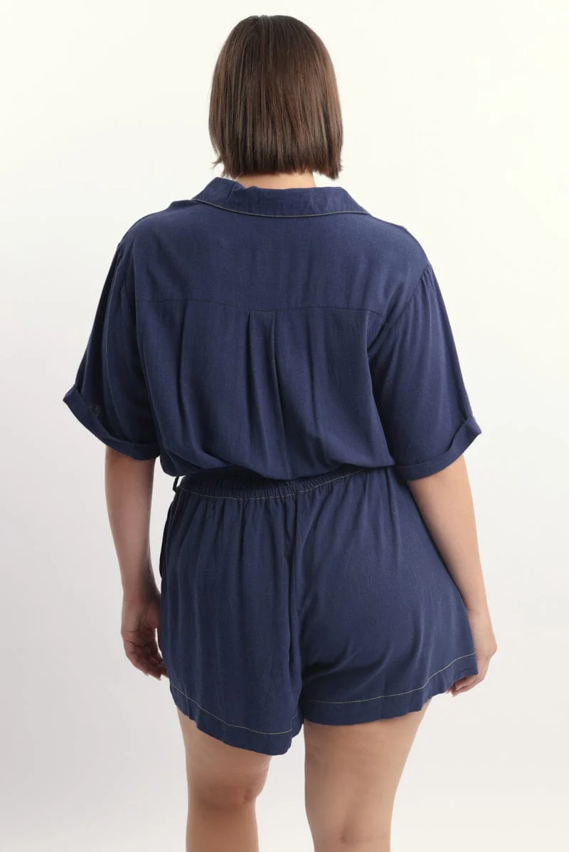 Blue Playsuit Short Sleeve Waist Tie Linen Blend - Image 4
