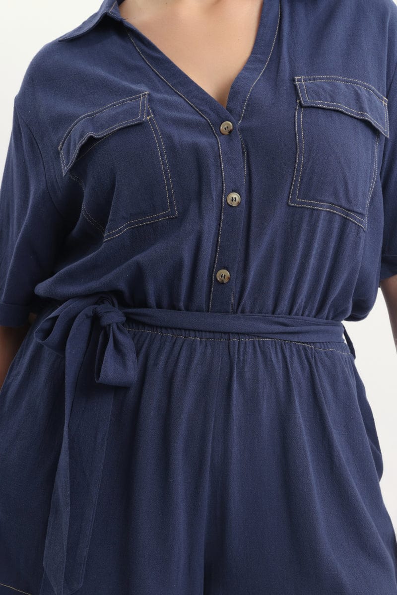 Blue Playsuit Short Sleeve Waist Tie Linen Blend - Image 5