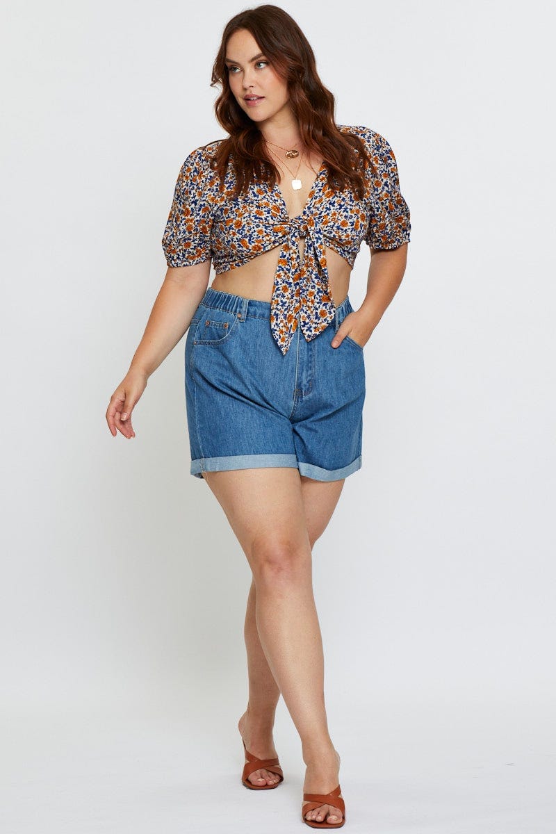Blue Plus High Rise Elastic Waist Relaxed Blue Shorts - Image 3