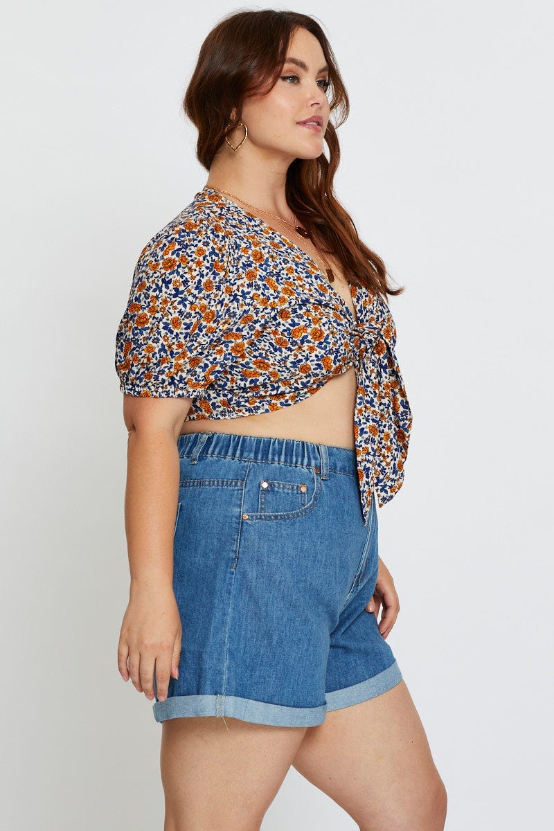 Blue Plus High Rise Elastic Waist Relaxed Blue Shorts - Image 4