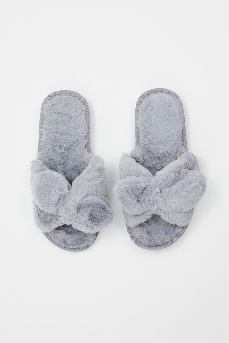 Blue Plush Faux Fur Bow Detail Slippers - Image 2