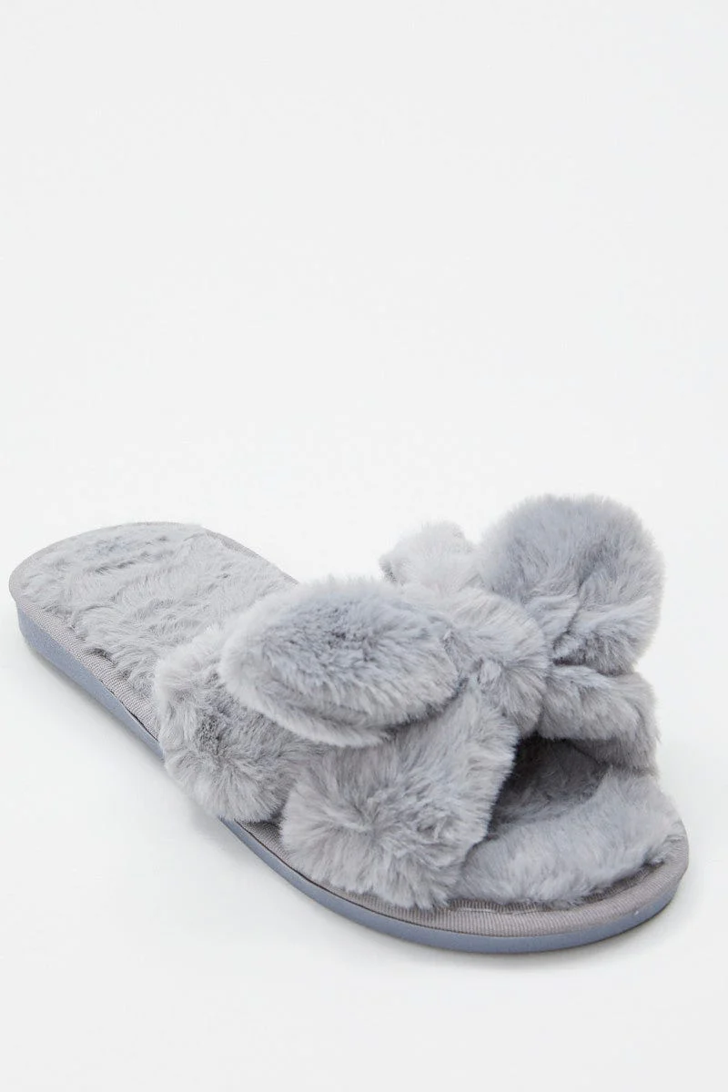Blue Plush Faux Fur Bow Detail Slippers - Image 3