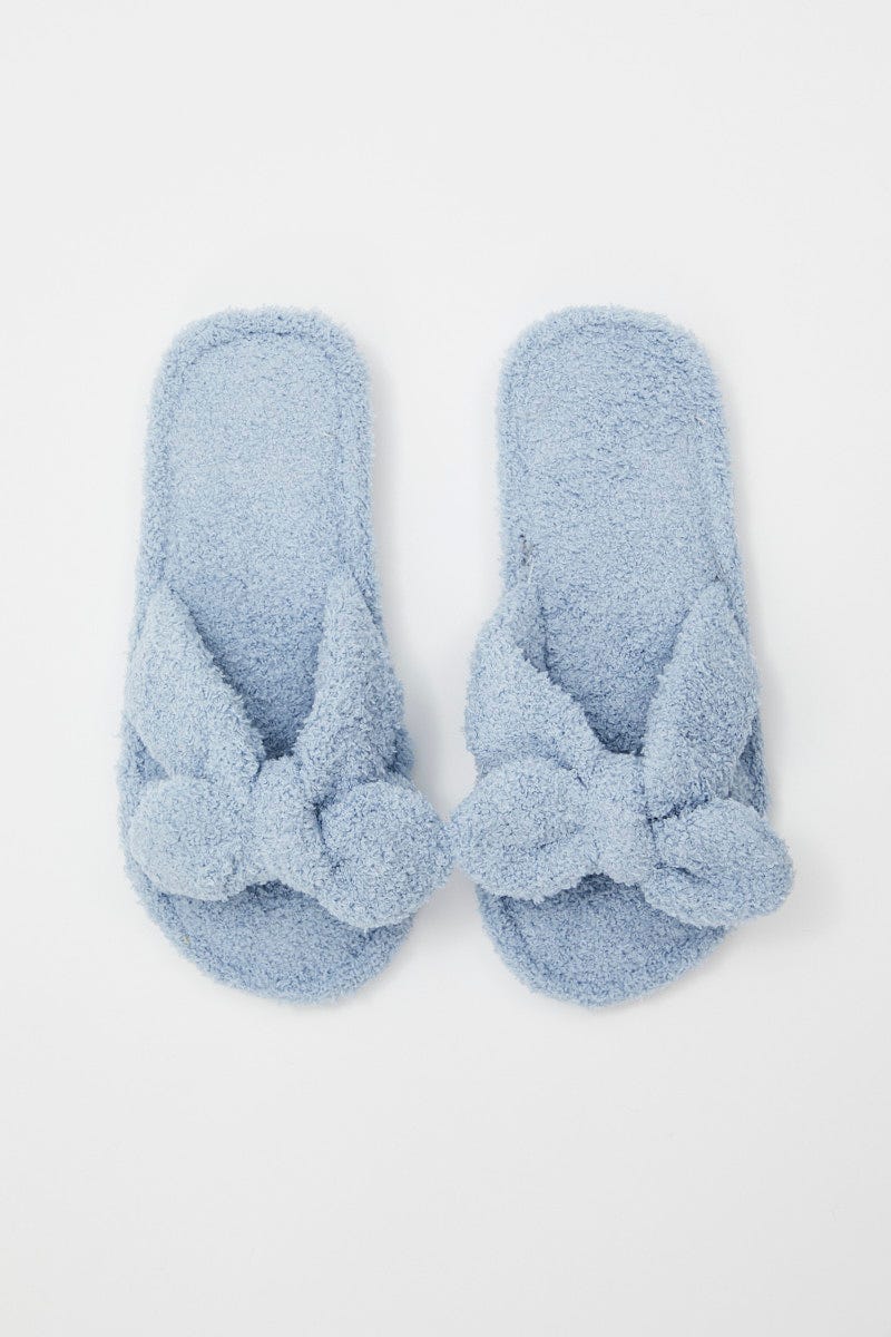 Blue Plush Fluffy Bow Detail Slippers - Image 2