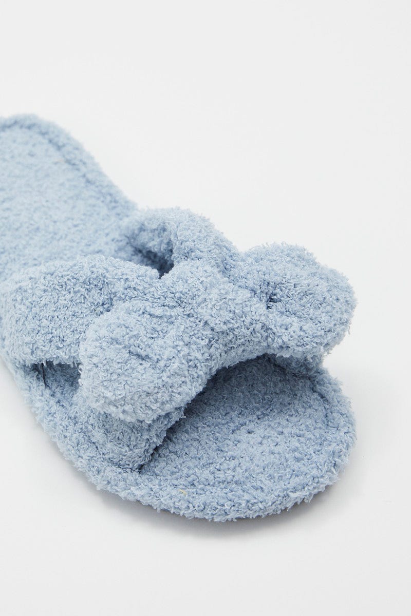 Blue Plush Fluffy Bow Detail Slippers - Image 3
