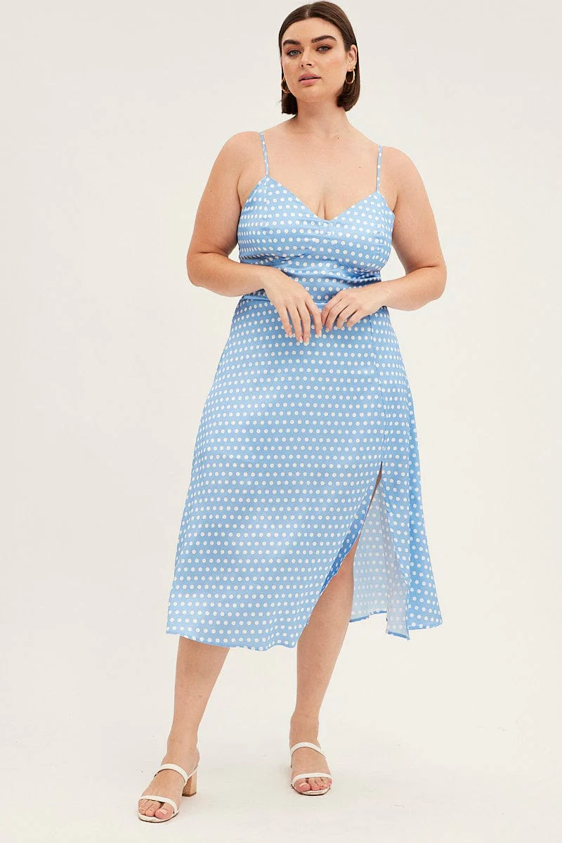 Blue Polka Dot Midi Dress Strappy Front Split Satin - Image 3