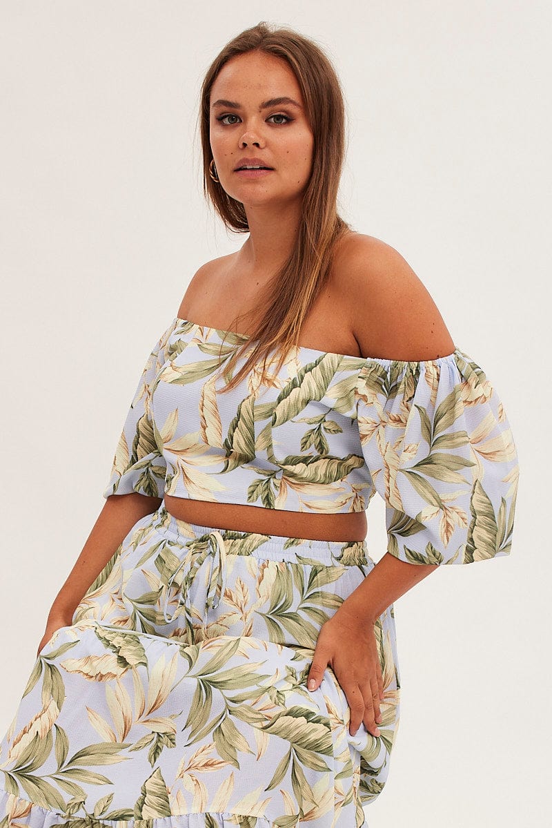 Blue Print Crop Top Short Sleeve Shirred Back