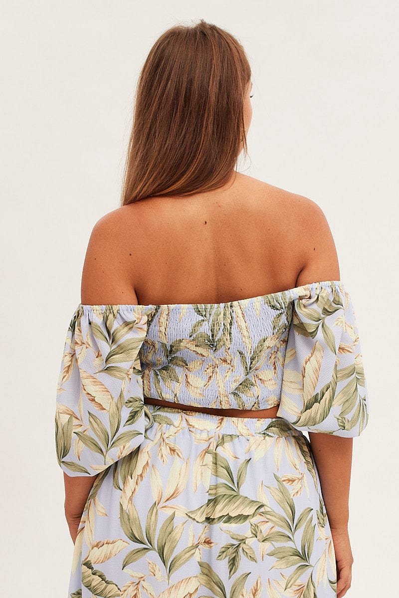 Blue Print Crop Top Short Sleeve Shirred Back - Image 5