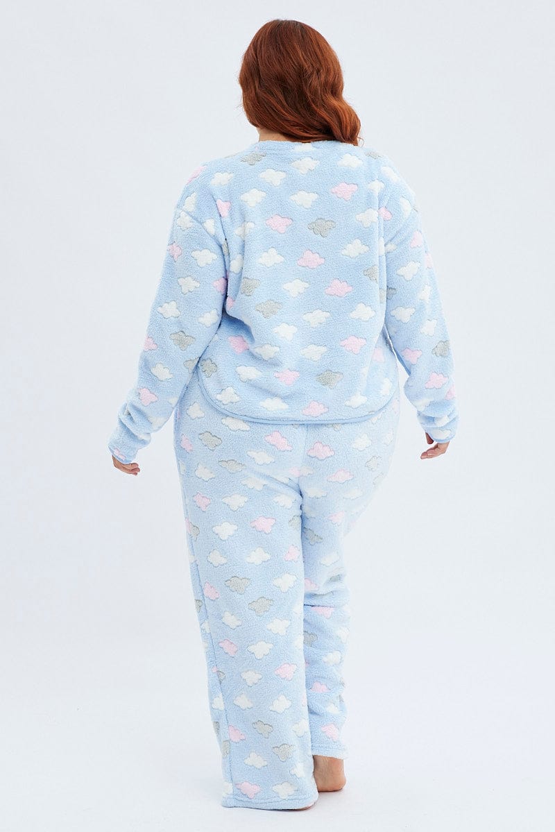 Blue Print Fluffy Pj Cloud Print Cosy Pyjama Set - Image 5