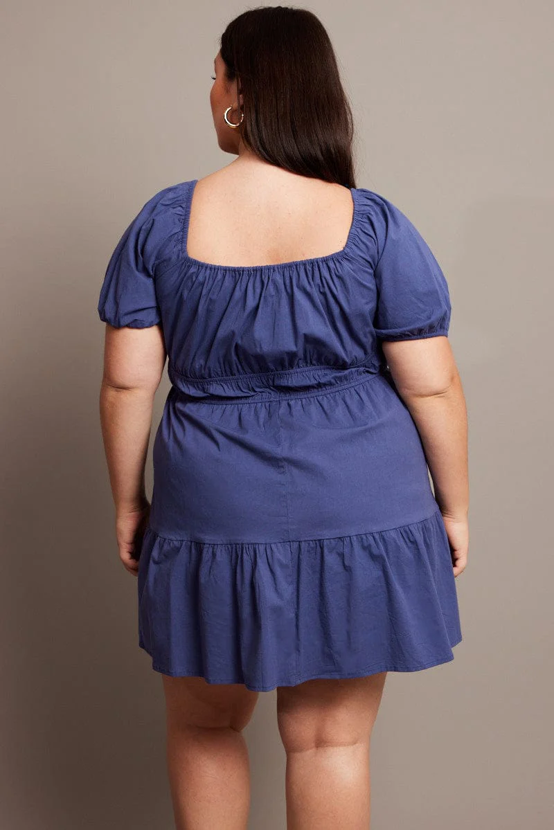 Blue Puff Sleeve Gather Minidress - Image 5