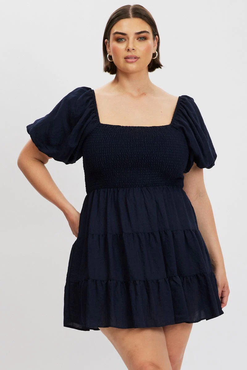 Blue Puff Sleeve Mini Shirred Dress - Image 3
