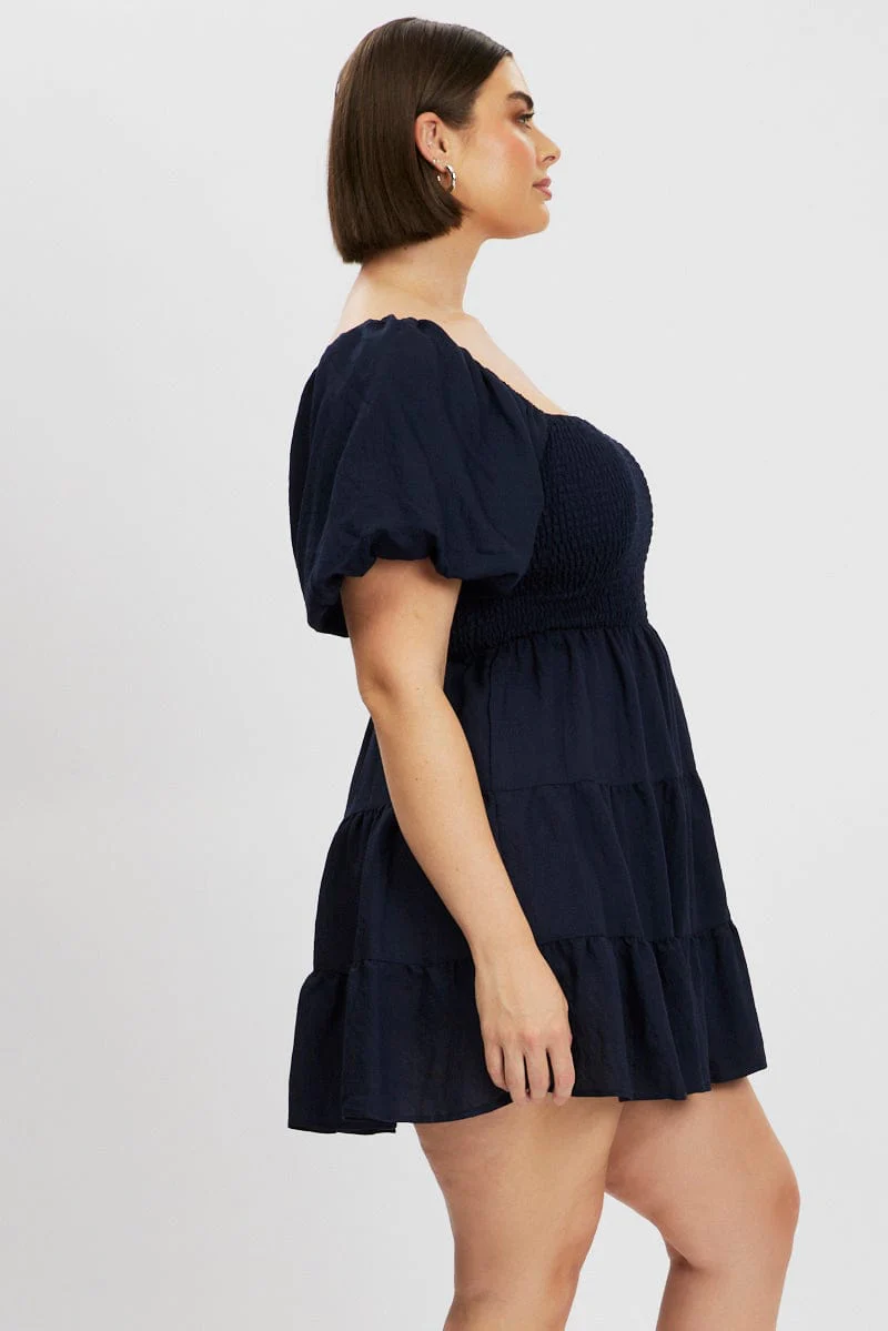 Blue Puff Sleeve Mini Shirred Dress - Image 4