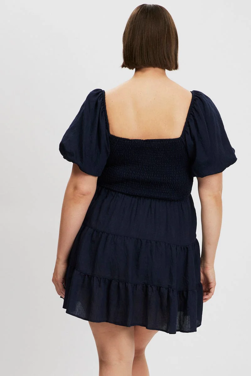 Blue Puff Sleeve Mini Shirred Dress - Image 5