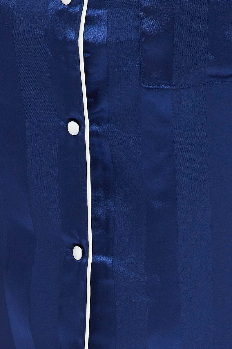Blue Pyjama Set Stripe Satin Jacquard Piping Pj - Image 6