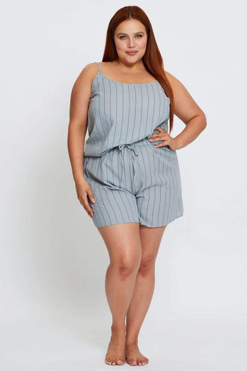 Blue Pyjamas Set Sleeveless Stripe Cami Top & Short - Image 2