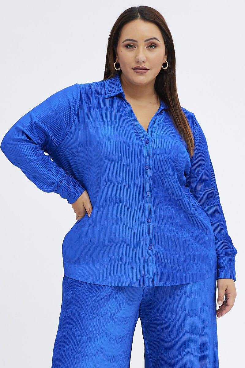 Blue Relaxed Shirt Long Sleeve Plisse - Image 3