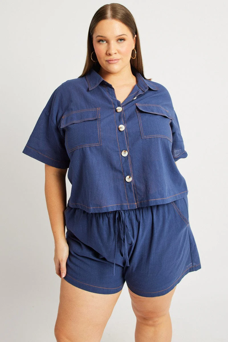 Blue Relaxed Shirt Short Sleeve Contrast Stitch - Image 2