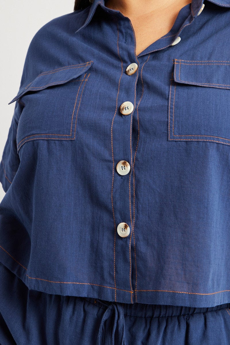 Blue Relaxed Shirt Short Sleeve Contrast Stitch - Image 6