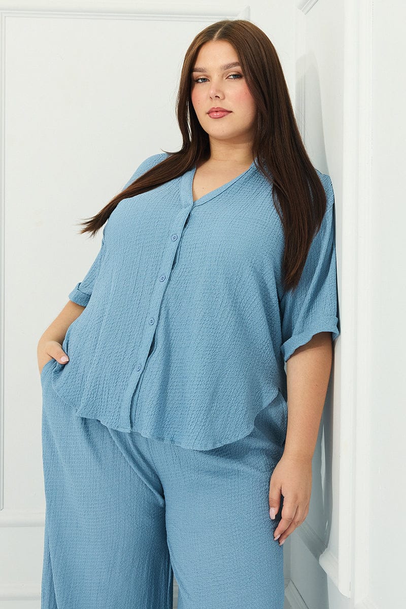 Blue Relaxed Shirt Short Sleeve Textured