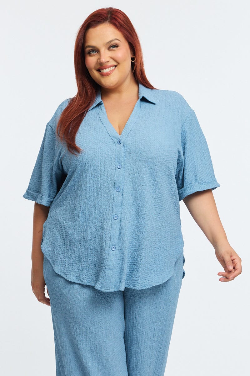 Blue Relaxed Shirt Short Sleeve Textured - Image 2