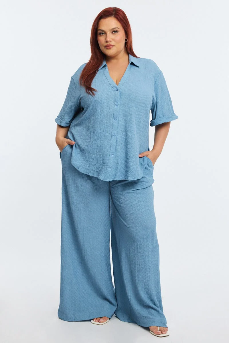Blue Relaxed Shirt Short Sleeve Textured - Image 3