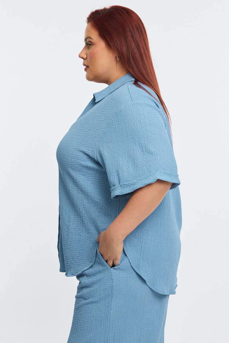 Blue Relaxed Shirt Short Sleeve Textured - Image 4
