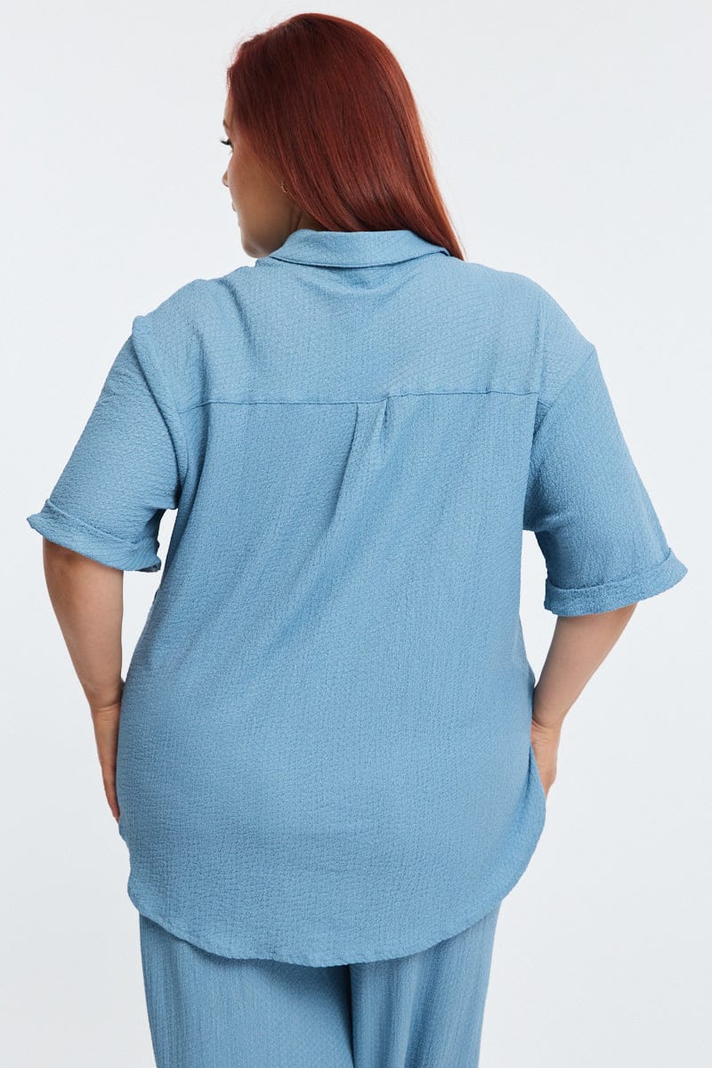 Blue Relaxed Shirt Short Sleeve Textured - Image 5