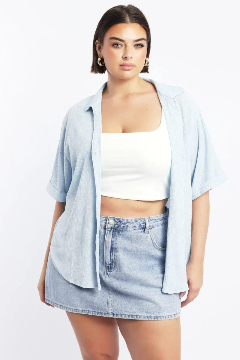 Blue Relaxed Shirt Short Sleeve Textured
