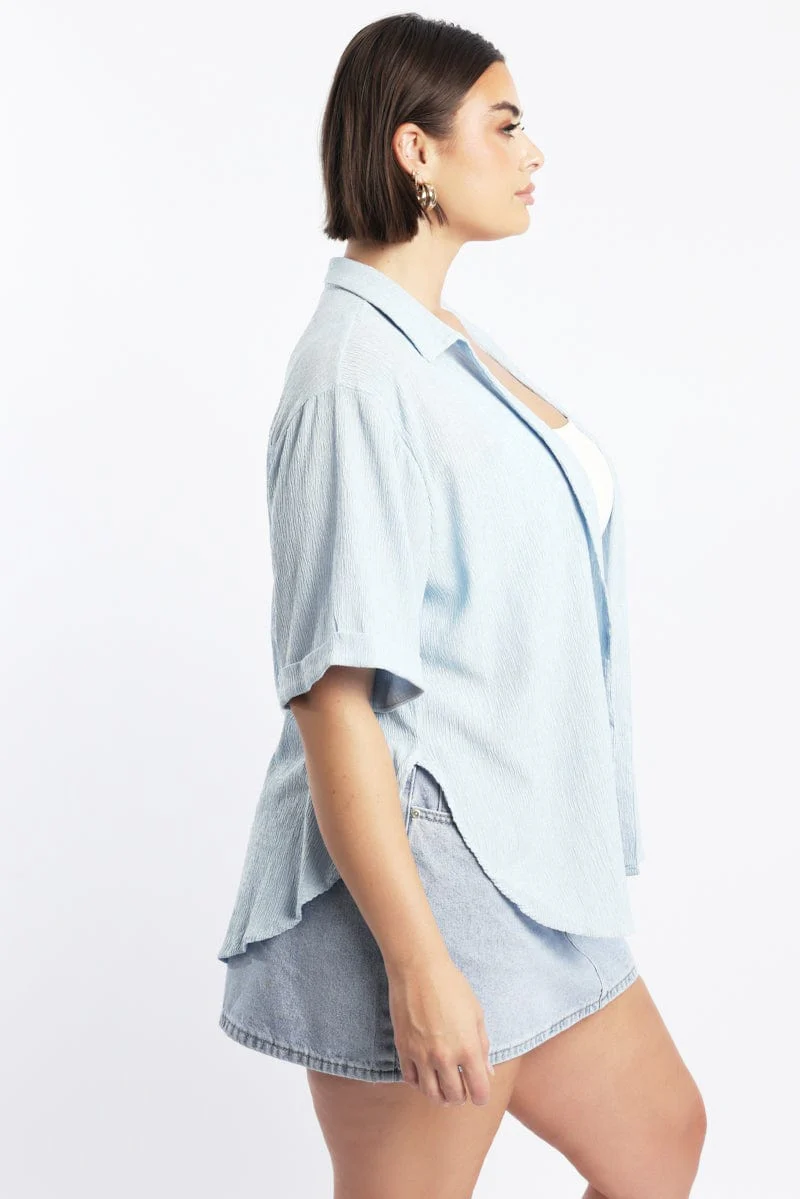 Blue Relaxed Shirt Short Sleeve Textured - Image 3