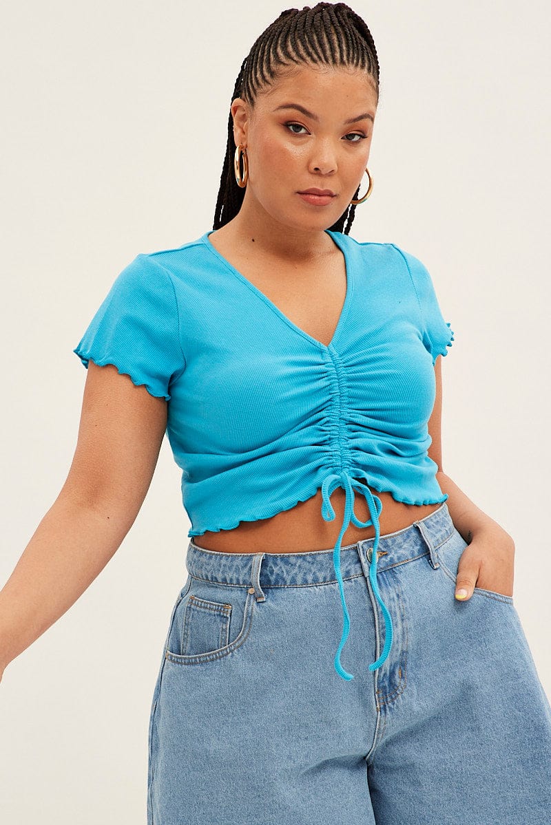 Blue Ruched Top Short Sleeve - Image 3