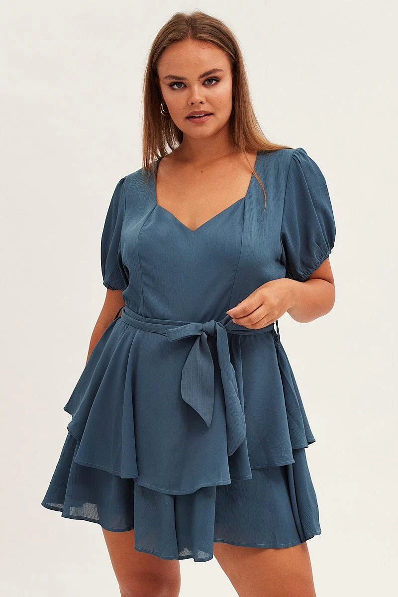 Blue Ruffle Playsuit Short Sleeve Sweetheart Neck