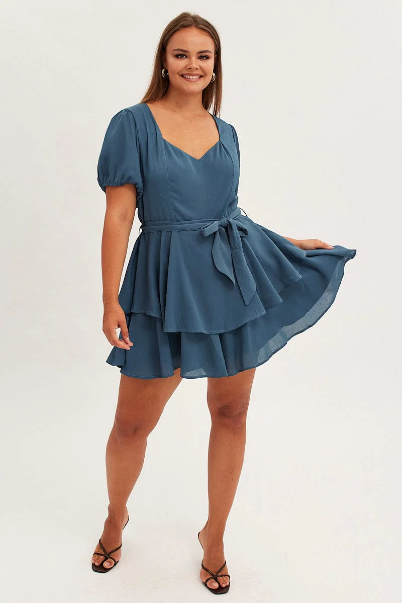 Blue Ruffle Playsuit Short Sleeve Sweetheart Neck - Image 2